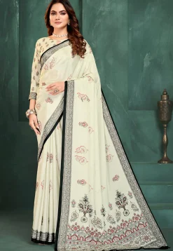 Digital Printed Crepe Saree in Off White