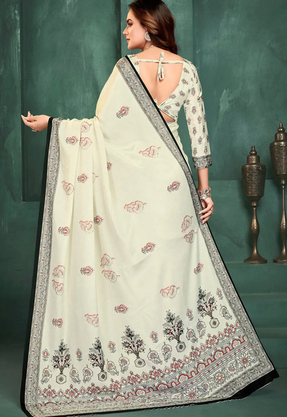 Digital Printed Crepe Saree in Off White