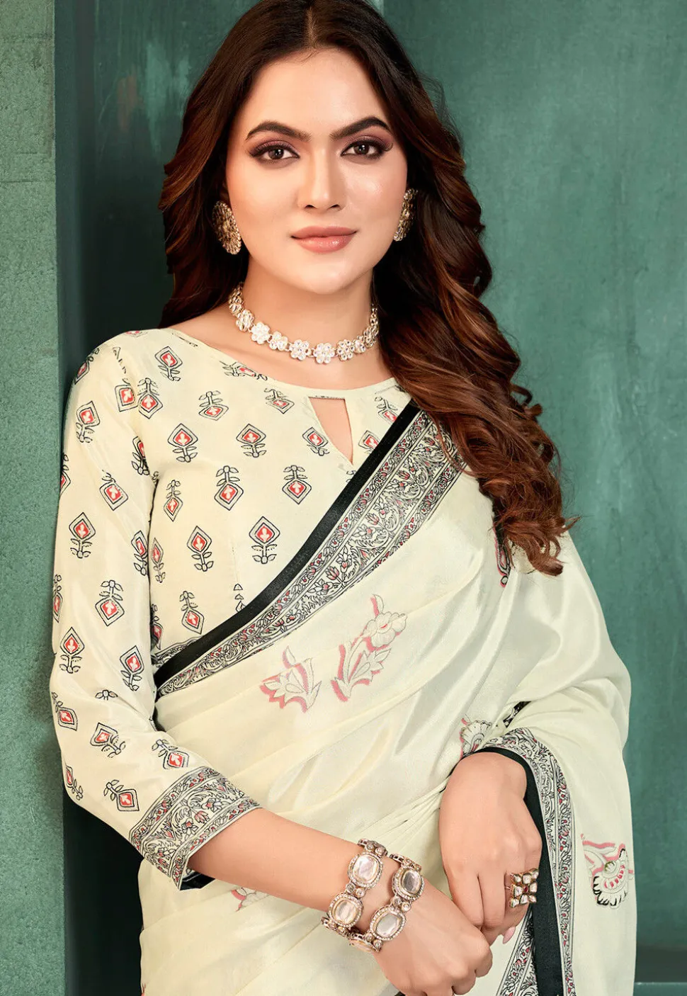 Digital Printed Crepe Saree in Off White