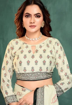 Digital Printed Crepe Saree in Off White
