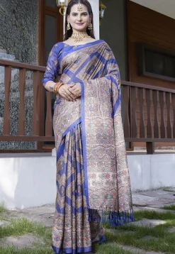Digital Printed Crepe Saree in Navy Blue