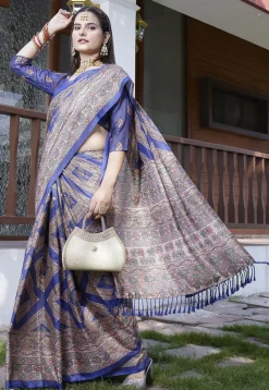 Digital Printed Crepe Saree in Navy Blue