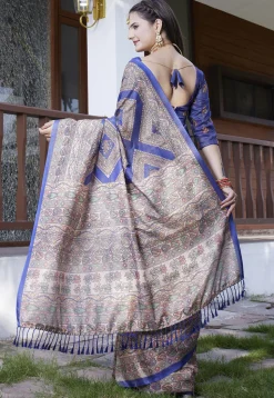 Digital Printed Crepe Saree in Navy Blue