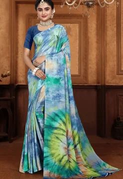 Digital Printed Crepe Saree in Blue