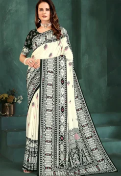 Digital Printed Crepe Saree in Off White