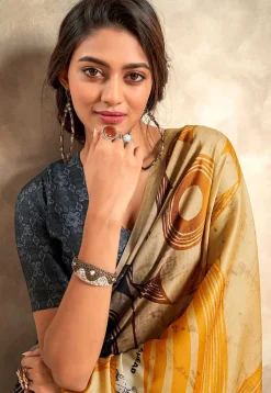 Digital Printed Crepe Saree in Yellow and Blue