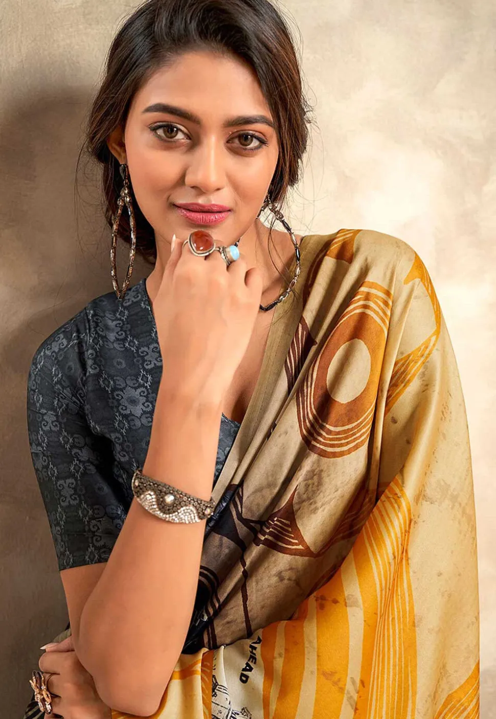 Digital Printed Crepe Saree in Yellow and Blue