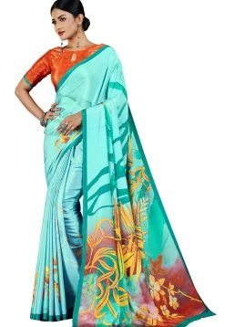 Digital Printed Crepe Saree in Sea Green