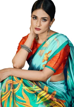 Digital Printed Crepe Saree in Sea Green