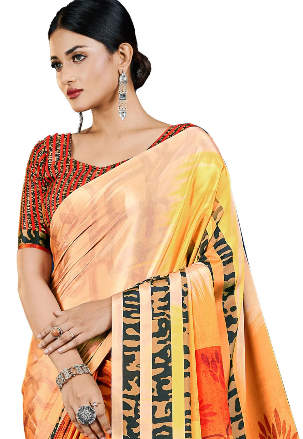 Digital Printed Crepe Saree in Orange