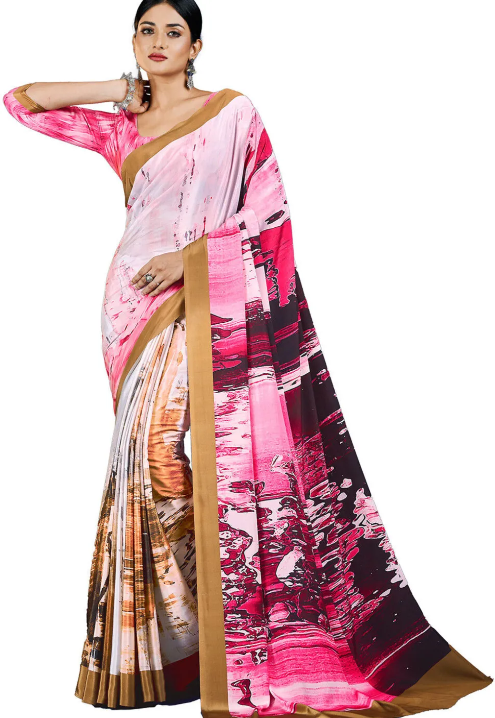 Digital Printed Crepe Saree in Pink