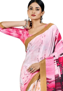Digital Printed Crepe Saree in Pink