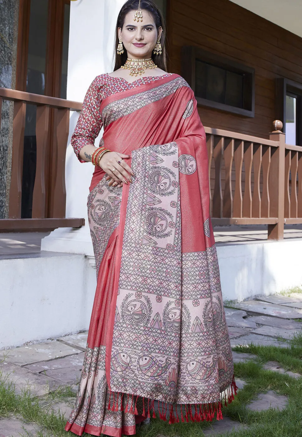 Digital Printed Crepe Saree in Peach