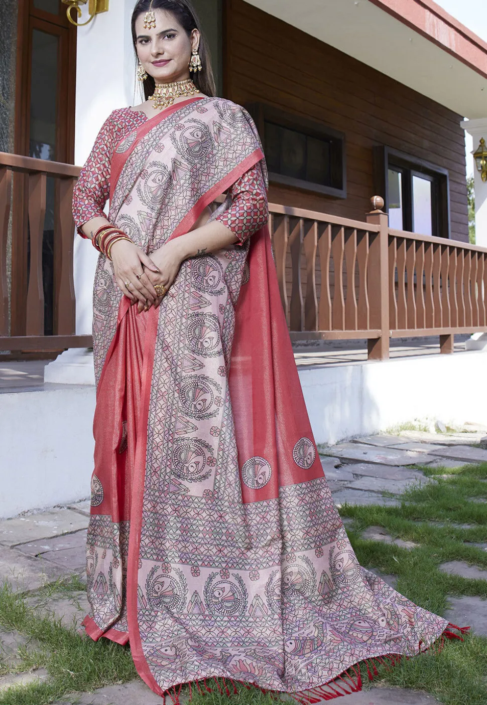 Digital Printed Crepe Saree in Peach