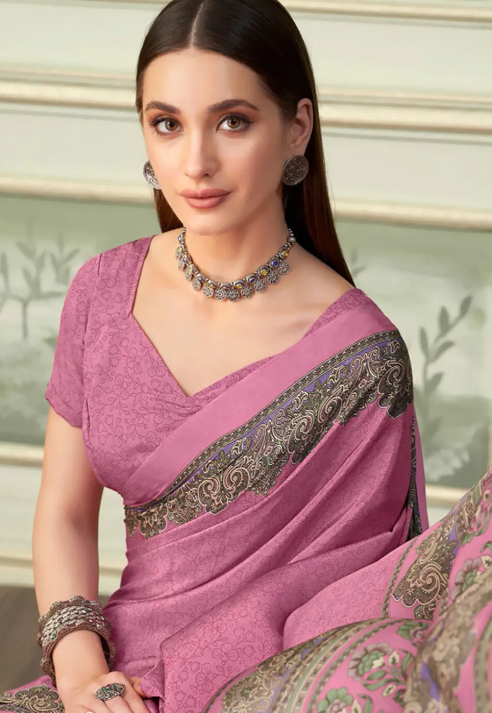 Digital Printed Crepe Saree in Pink