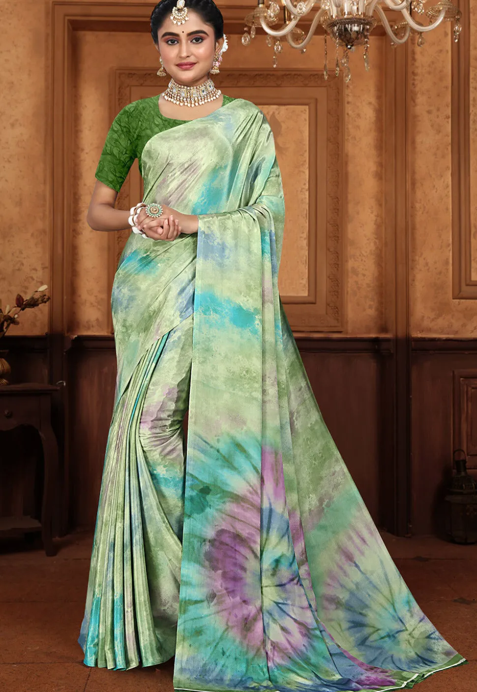 Digital Printed Crepe Saree in Green