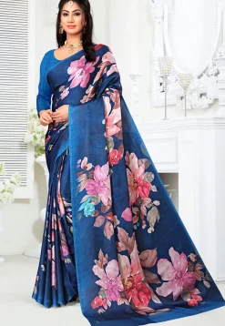 Digital Printed Crepe Saree in Dark Blue