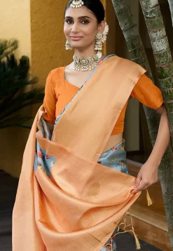 Digital Printed Crepe Saree in Grey