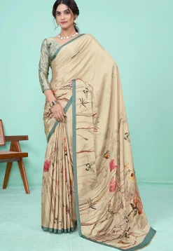 Digital Printed Crepe Saree in Beige