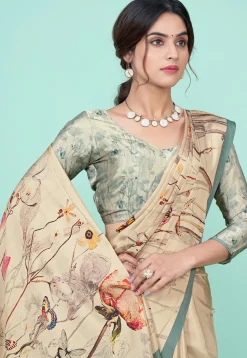 Digital Printed Crepe Saree in Beige