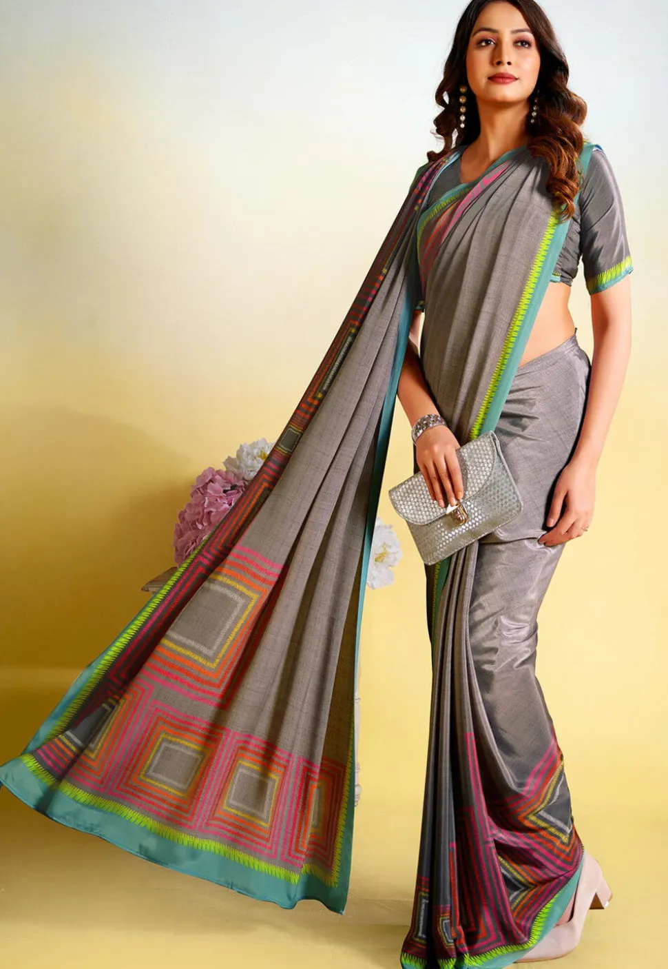 Digital Printed Crepe Saree in Grey