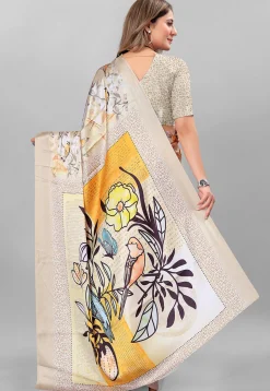 Digital Printed Crepe Saree in Light Grey