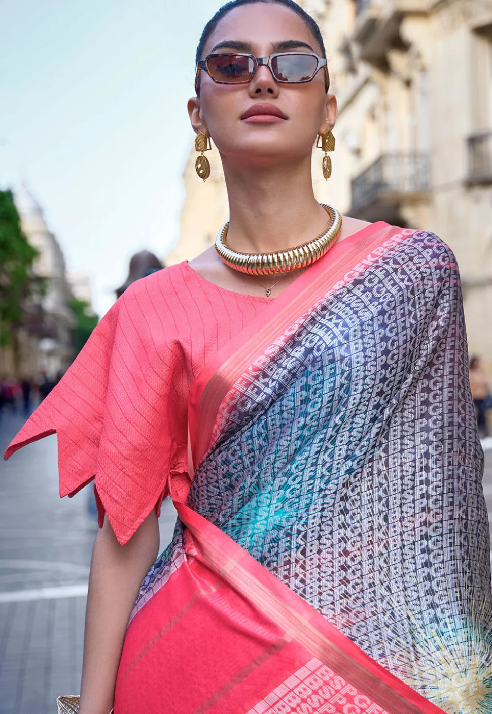 Digital Printed Crepe Saree in Grey
