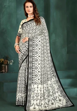 Digital Printed Crepe Saree in Off White