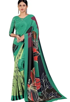 Digital Printed Crepe Saree in Teal Green