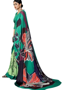 Digital Printed Crepe Saree in Teal Green