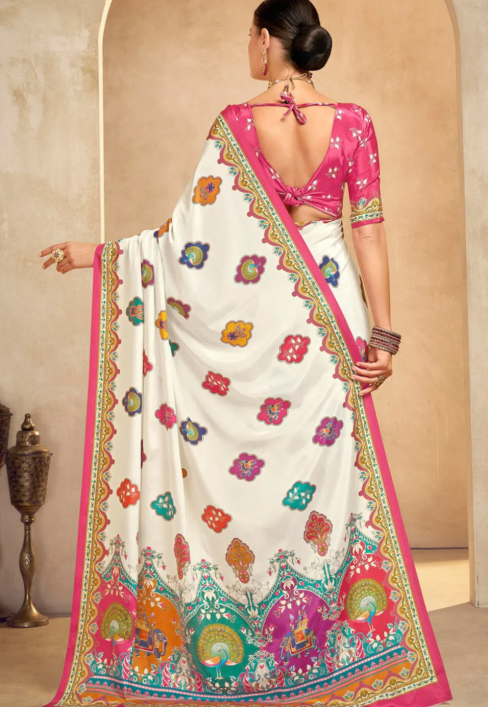 Digital Printed Crepe Saree in Off White