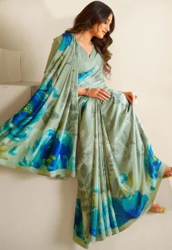 Digital Printed Crepe Saree in Dusty Green