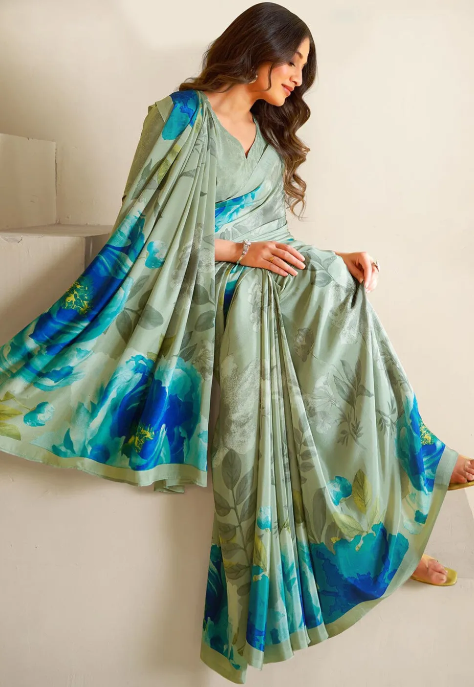 Digital Printed Crepe Saree in Dusty Green