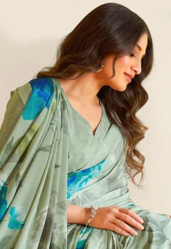 Digital Printed Crepe Saree in Dusty Green