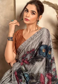 Digital Printed Crepe Saree in Grey