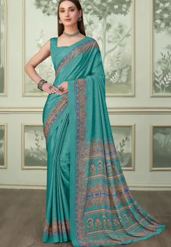 Digital Printed Crepe Saree in Teal Green