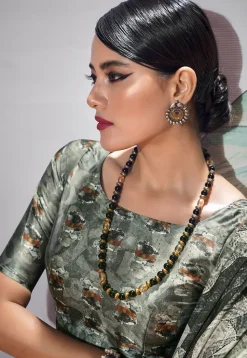 Digital Printed Crepe Saree in Beige and Black