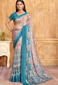 Digital Printed Crepe Saree in Beige