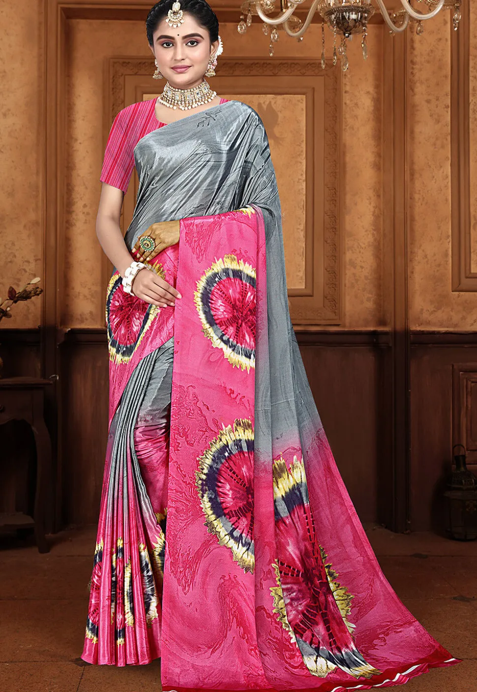 Digital Printed Crepe Saree in Grey and Pink