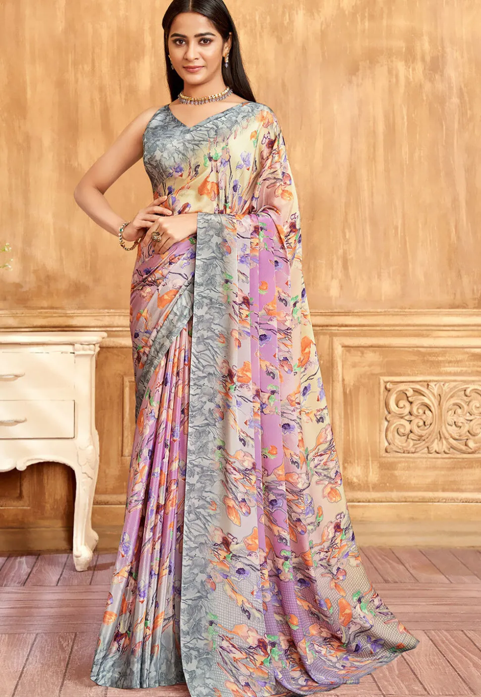 Digital Printed Crepe Saree in Yellow and Purple