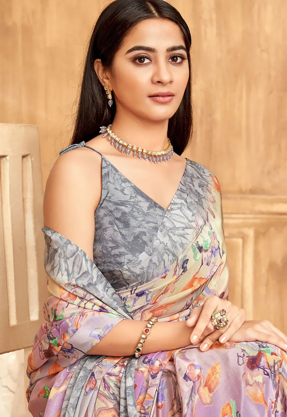 Digital Printed Crepe Saree in Yellow and Purple