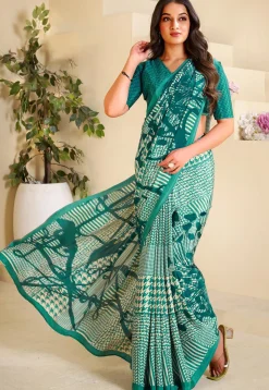 Digital Printed Crepe Saree in Cream and Teal Green