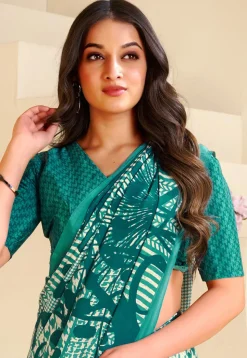 Digital Printed Crepe Saree in Cream and Teal Green