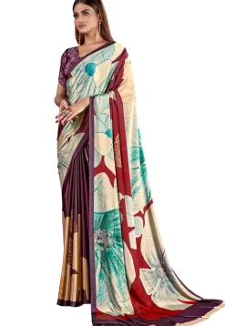 Digital Printed Crepe Saree in Purple and Maroon