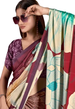 Digital Printed Crepe Saree in Purple and Maroon