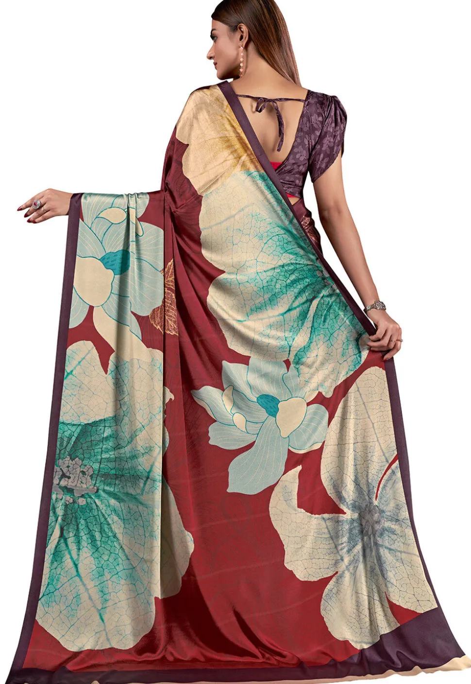 Digital Printed Crepe Saree in Purple and Maroon