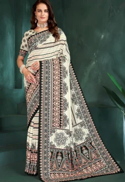 Digital Printed Crepe Saree in Off White