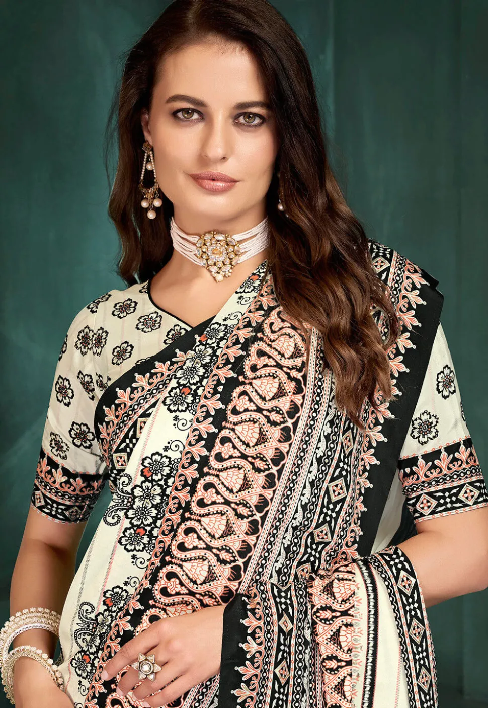 Digital Printed Crepe Saree in Off White