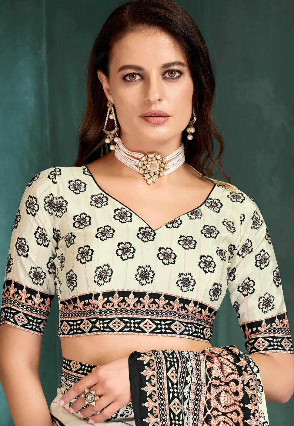 Digital Printed Crepe Saree in Off White