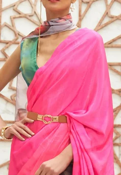 Digital Printed Crepe Saree in Pink and Blue